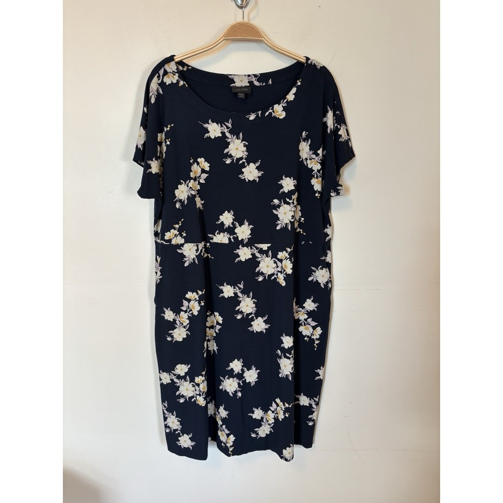 J Jill Wearever T-shit Dress Blue Floral 1X Stretchy Short Sleeve Knee Length